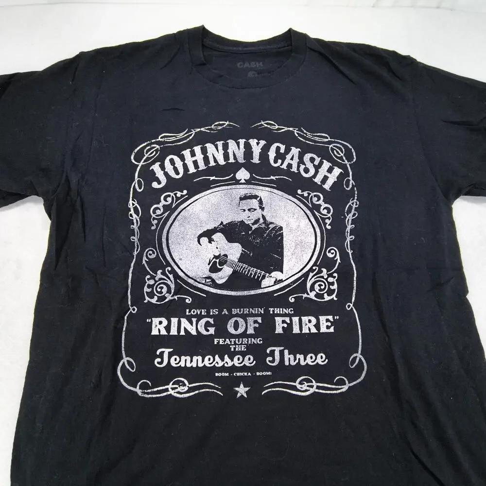Johnny Cash Ring of Fire Band Crew Neck Short Sleeve Shirt Mens Size L Black